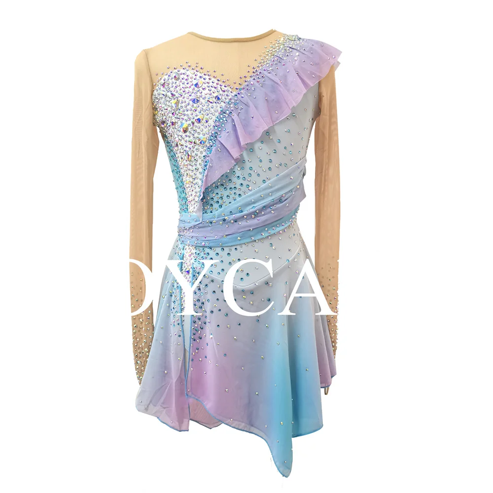 فستان JoyCan للتزلج على الجليد للفتيات باللون الأزرق الفاتح والوردي من ألياف لدنة قابلة للتمدد ملابس رقص مخصصة