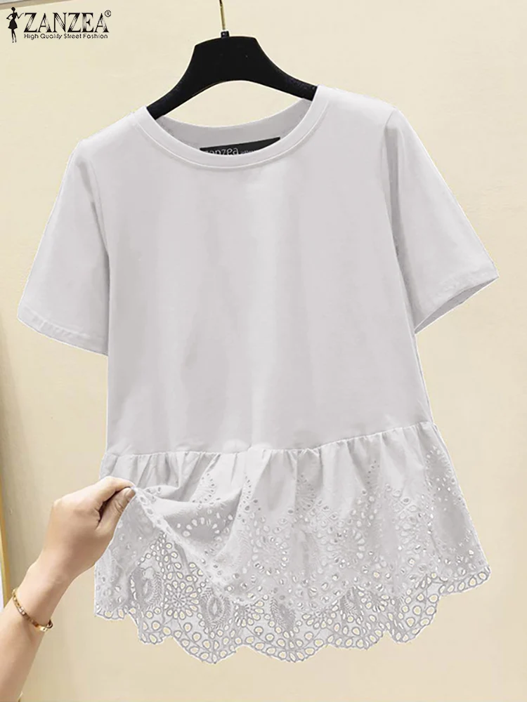 

ZANZEA Short Sleeve Solid Color Shirts Feminina Daily Elegant O Neck Women Blouses Korean Casual 2024 Summer Lace Hem Tee Tops