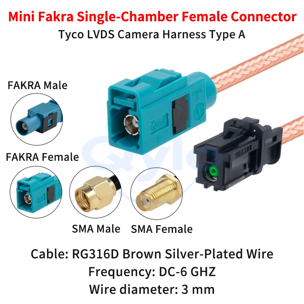 (1 pcs) Tyco Mini FAKRA Single-Cavity Female Connector Type A to SMA / FAKRA RG316D Brown Silver-Plated Cable FAKRA to SMA Cable