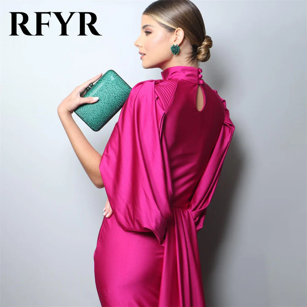 RFYR Hot Pink Evening Dresses V-Neck Long Party Dress Pleat Satin Prom Dress Halter Button Mermaid Draped Train Prom Gown