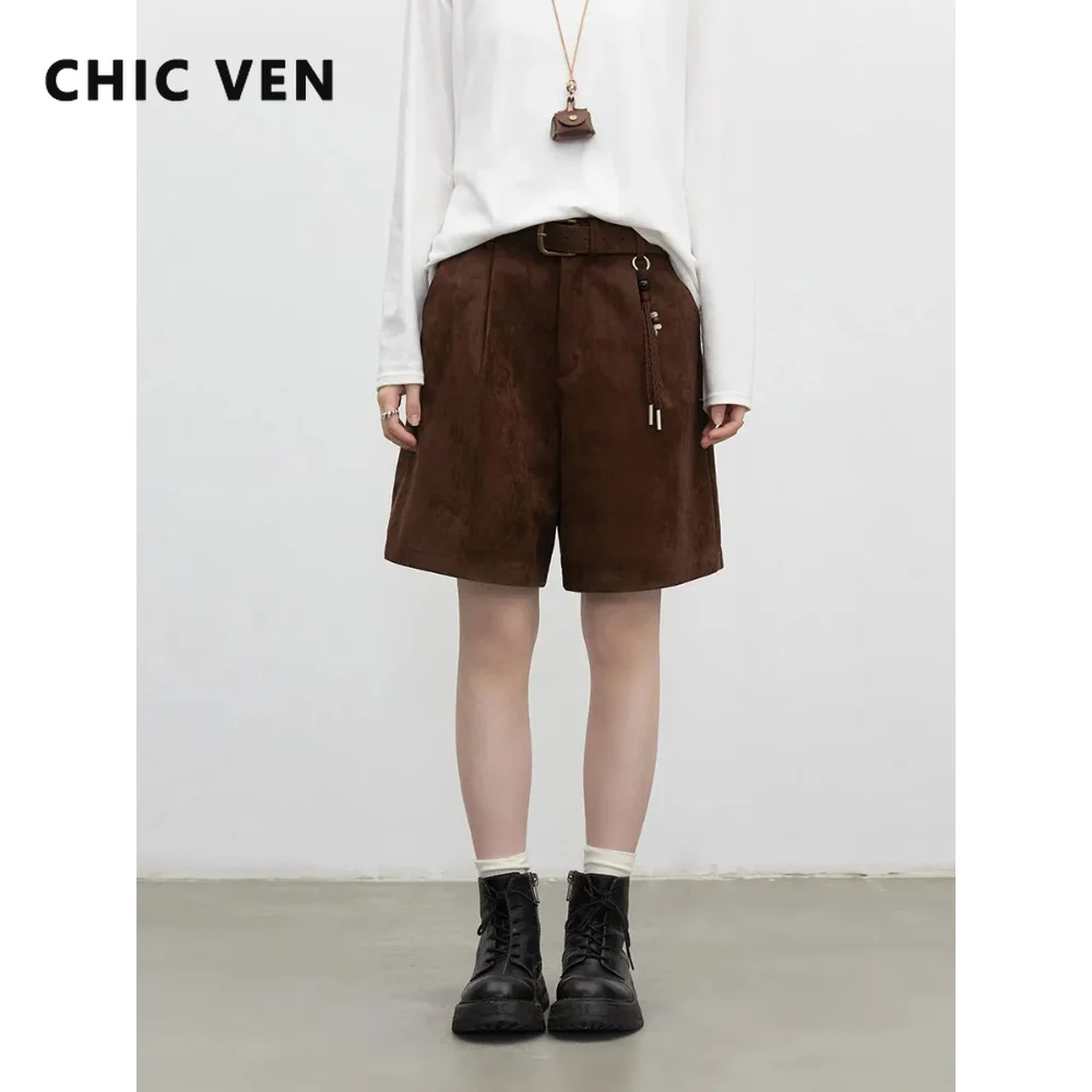 CHIC VEN Casual Women Suede Shorts Fashion Loose High Waist Pleated Solid Wide Leg  Short Pants with Belt Spring Autumn New 2026