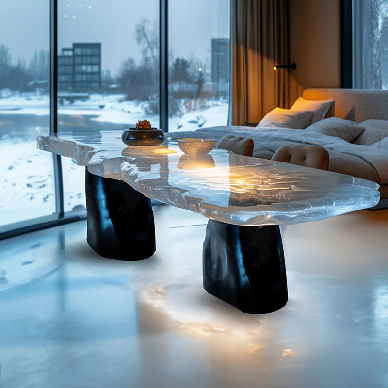 Luxury Ice Glacier Resin Coffee Table Modern Art Sculpture Center Table Transparent Crystal Design for Villa Living Room