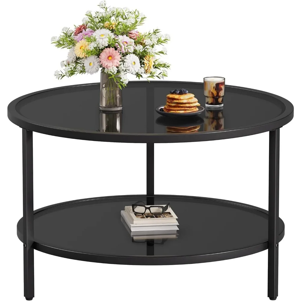 

Round Two Tier Black Glass Coffee Table with Storage Shelf for Living Room Home Office Easy Assembly