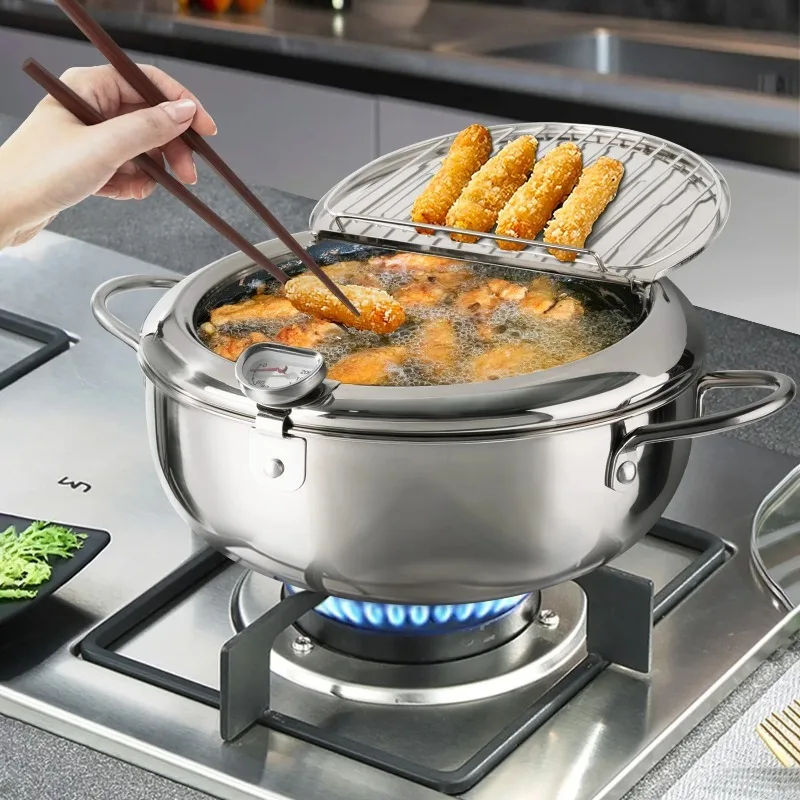 Deep Fryer Pot, 11 Inch/4.2 L Janpanese Style Tempura Frying Pot with Lid, 304 Stainless Steel with Temperature Control and Oil