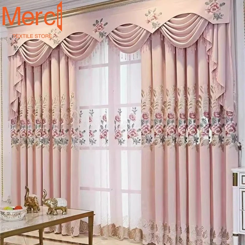 

Flower Clusters Chenille Embroidered Pink Flower Clusters European Style Curtains Living Room Bedroom Curtain Head Villa Home