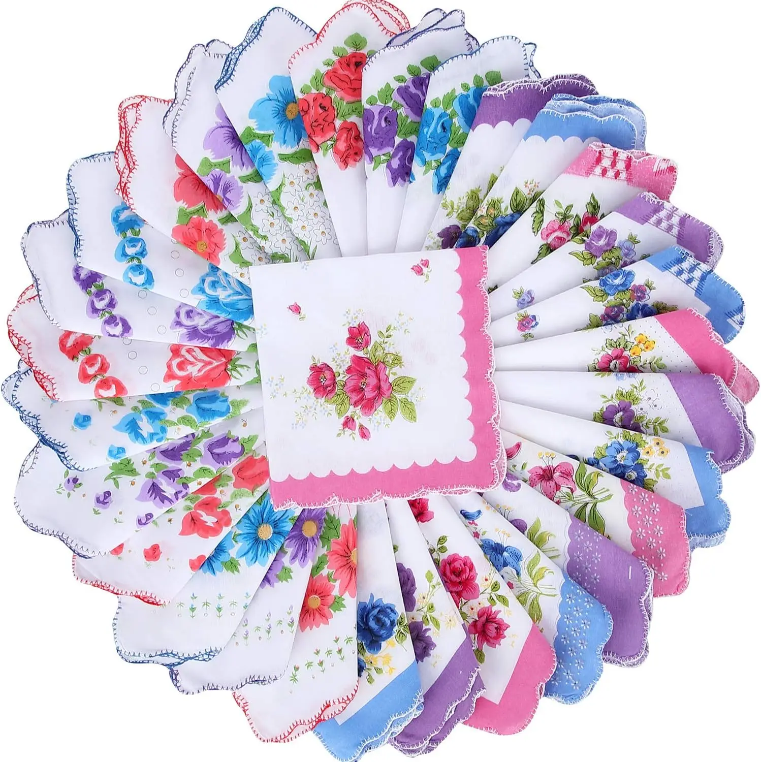 

30 Vintage Floral Cotton Handkerchiefs, Wavy Edge Hankies for Women, Tea Party Gifts & Wedding Decor