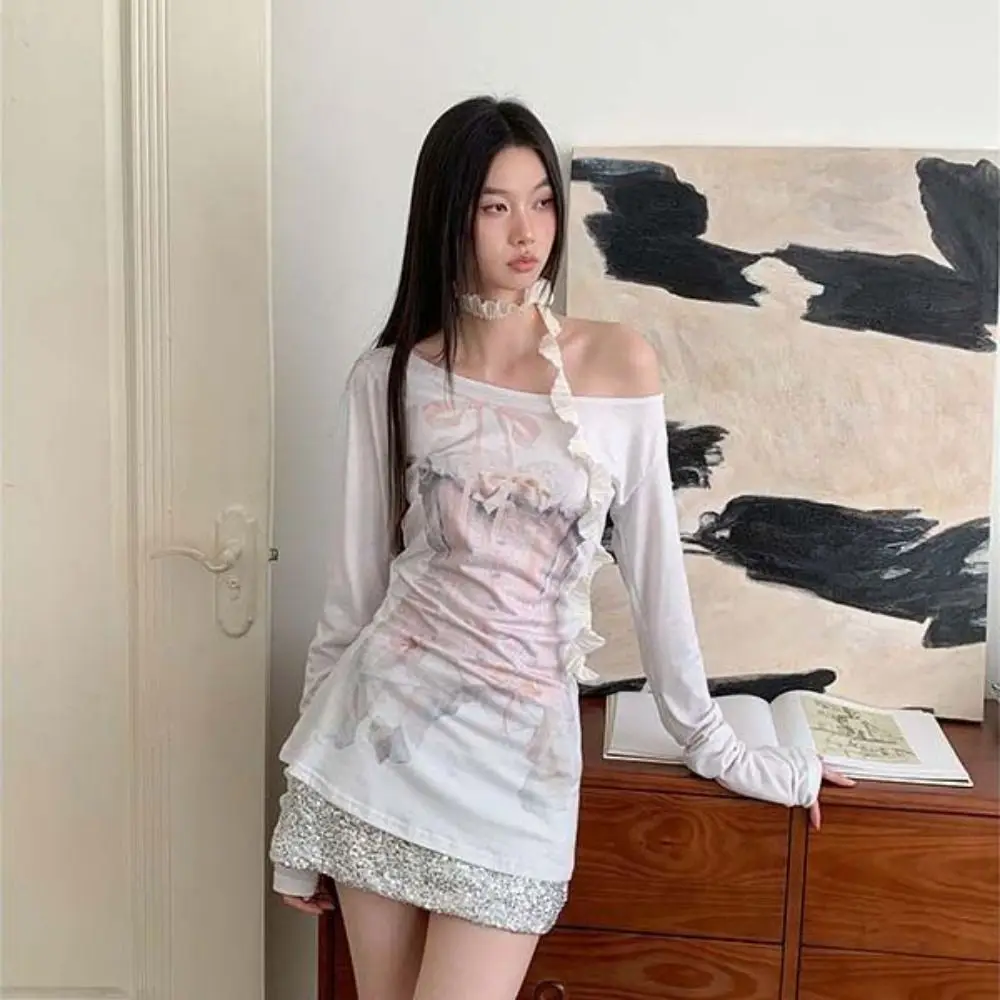 

Fashion Slanted Neck Cat Print Shirts Top Thin Letter Long Sleeved T-shirt Cartoon Animal Ins Sweet T-Shirts Women Summer