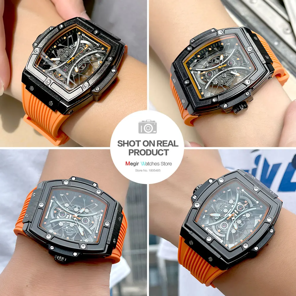 MEGIR Fashion Analog Quartz Watch Men Tonneau Dial Waterproof Military Sport Wristwatch with Luminous Hands Orange Silicone Band