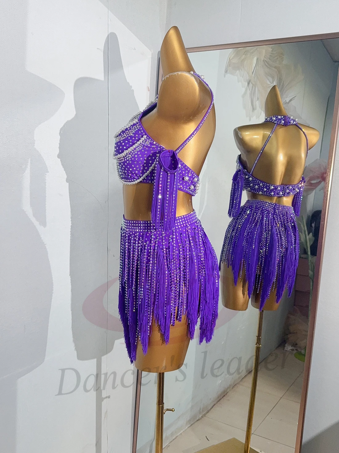 라틴 댄서, 성인, 어린이 고급 맞춤형 보라색 술 스커트, 삼바 라인스톤 퍼포먼스 드레스