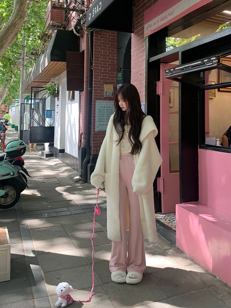 Thickened Medium Length Knitted Sweater Coat Women's Open Cardigan Loose Fur Simulation Mink Winter Autumn Season New Style