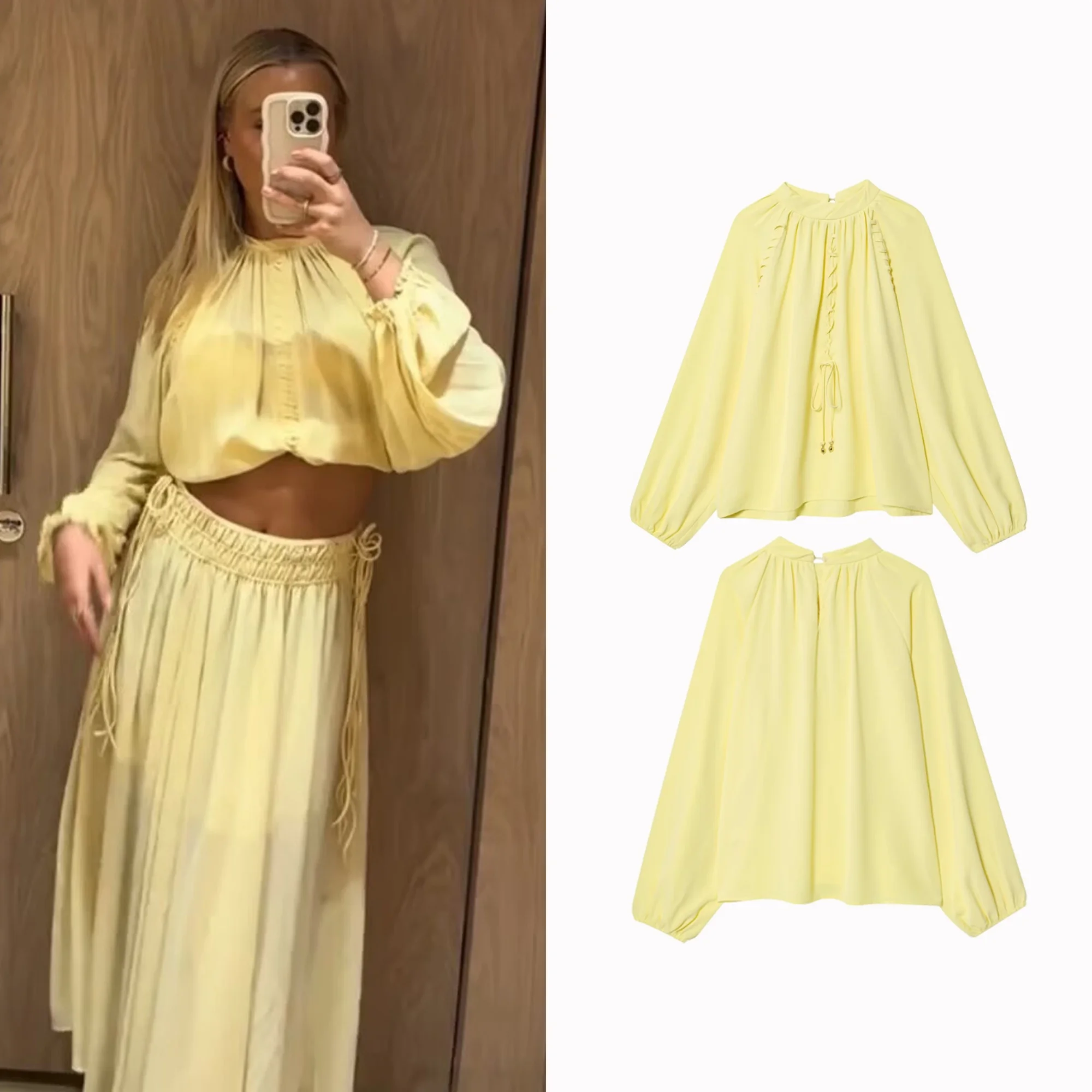 

2025 Autumn Lady All-match Tops New Fashion Women's Chiffon Shirts Ruffles O-neck Flare Sleeve Lace Female Yellow Blouses