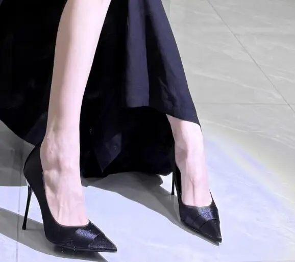 

Sexy Women Black Silk Pointed Toe Shallow Slip On Stiletto Pumps New 8 10 CM Thin Heels Office Lady Party Prom Dress Shoes