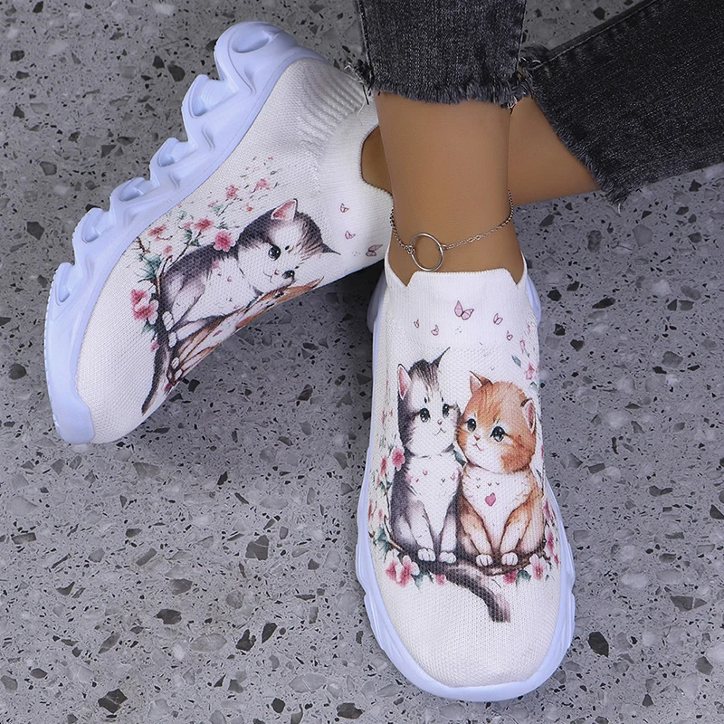 2024 New Cute Cat Print Womens Casual Sneakers Autumn Soft Comfort Thick Bottom Running Shoes Breathable Lightweight Sport Shoes