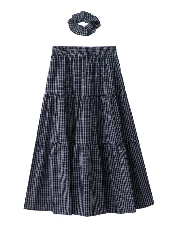 2025年夏新作 ヴィンテージ風 ラフスタイル Aライン チェック柄 ケーキスカート レディース ハイウエスト ゴムウエスト ロングスカート カジュアル 着回し抜群 綿00%