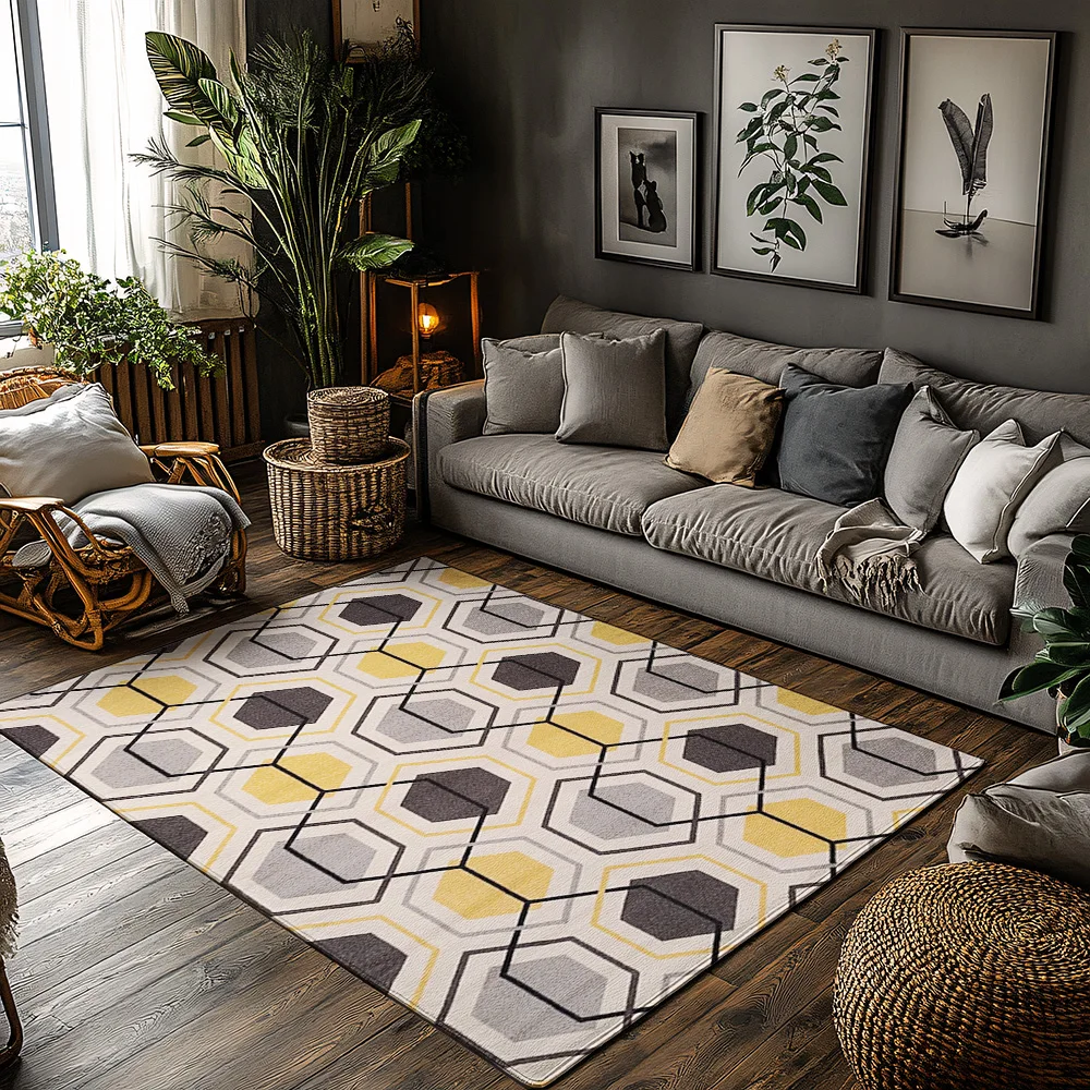 

Yellow Gray Geometric Bohemian Rug, Modern Pattern Non-Slip Carpet, Cozy Living Room Mat for Scandinavian Decor