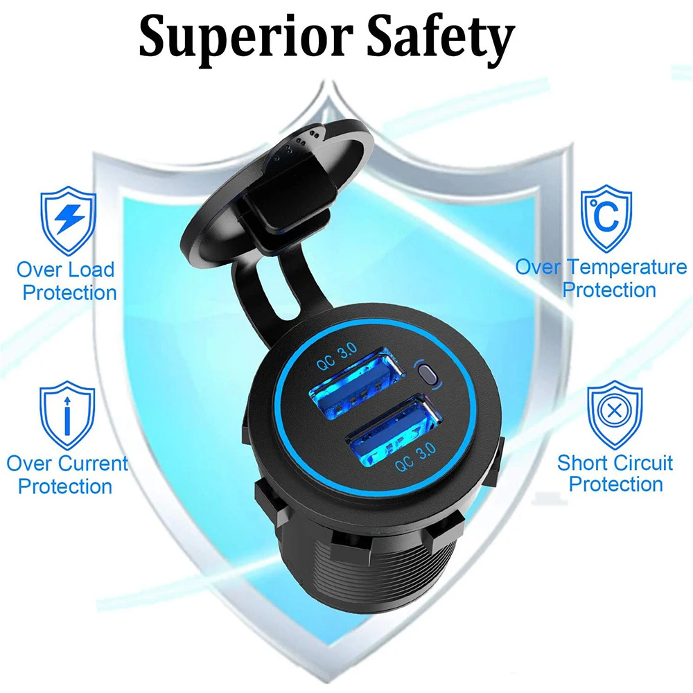 

12V/24V Quick Charge 3.0 Dual USB Fast Car Charger Socket Accessories Waterproof QC3.0 Power Outlet with Switch&Led Light