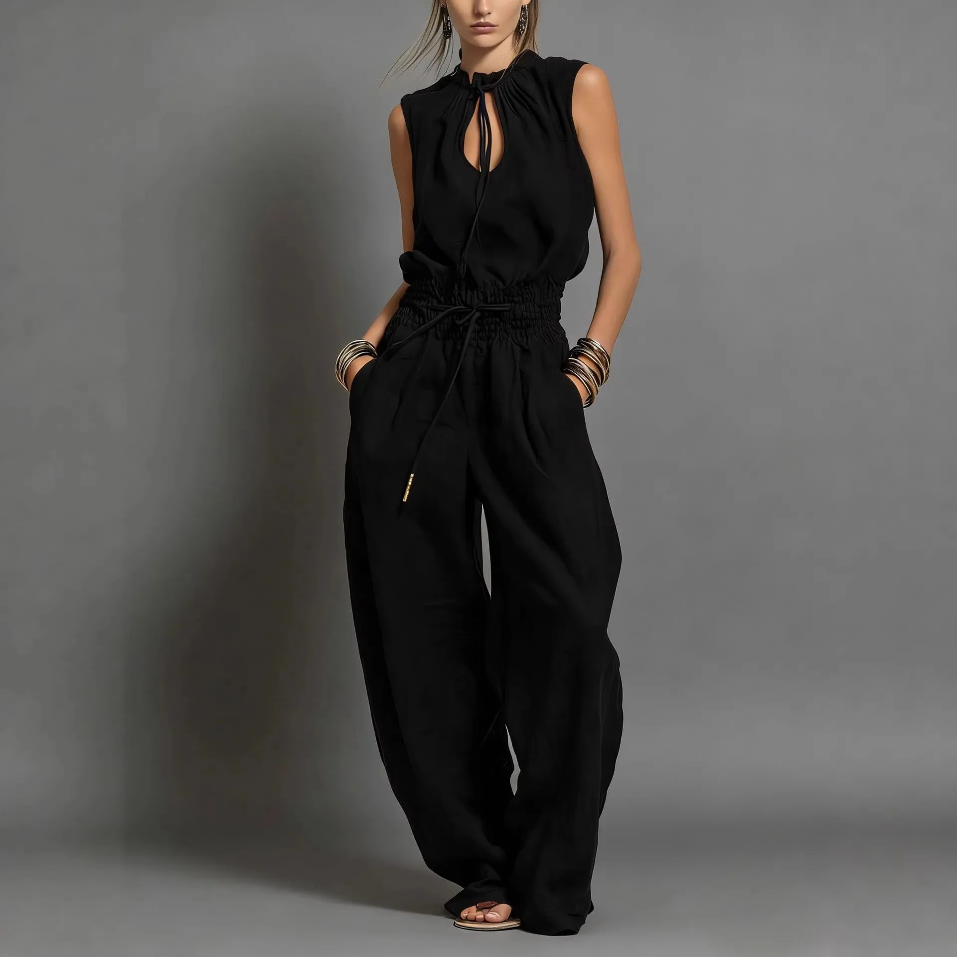 Women's Jumpsuit Sleeveless High Waist Navy Blue Jumpsuits Drawstring Waist Romper Keyhole Neckline Black Wide Leg Jumpsuit
