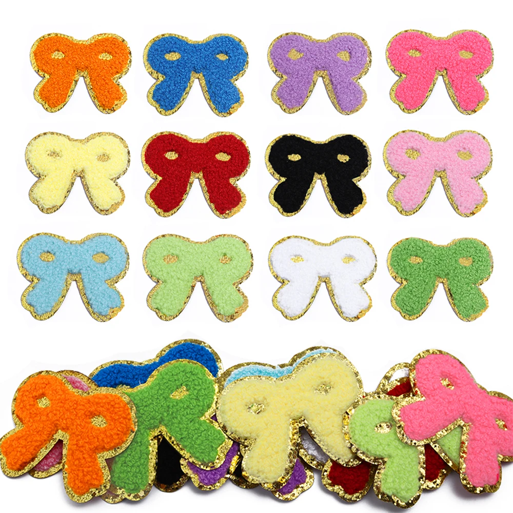 

5Pcs/Lot Bowknot Wool Embroidery Patches Gold Glitter Edged Patches Iron On For DIY Crafts Gift Sticker Bags Clothing Decoration