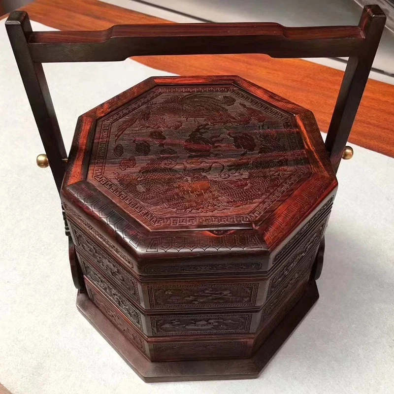

Three-layer basket mahogany retro portable snack box solid
