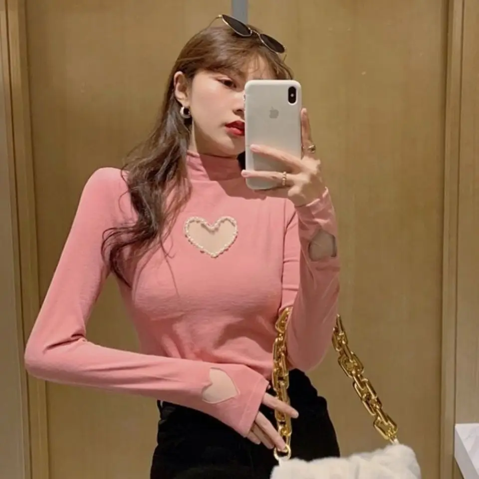 Heart Beading Long Sleeve T-shirt 2026 Women Spring Autumn Turtleneck Blouse Tops Elegant Korean Sweet T-shirt White Base Shirt