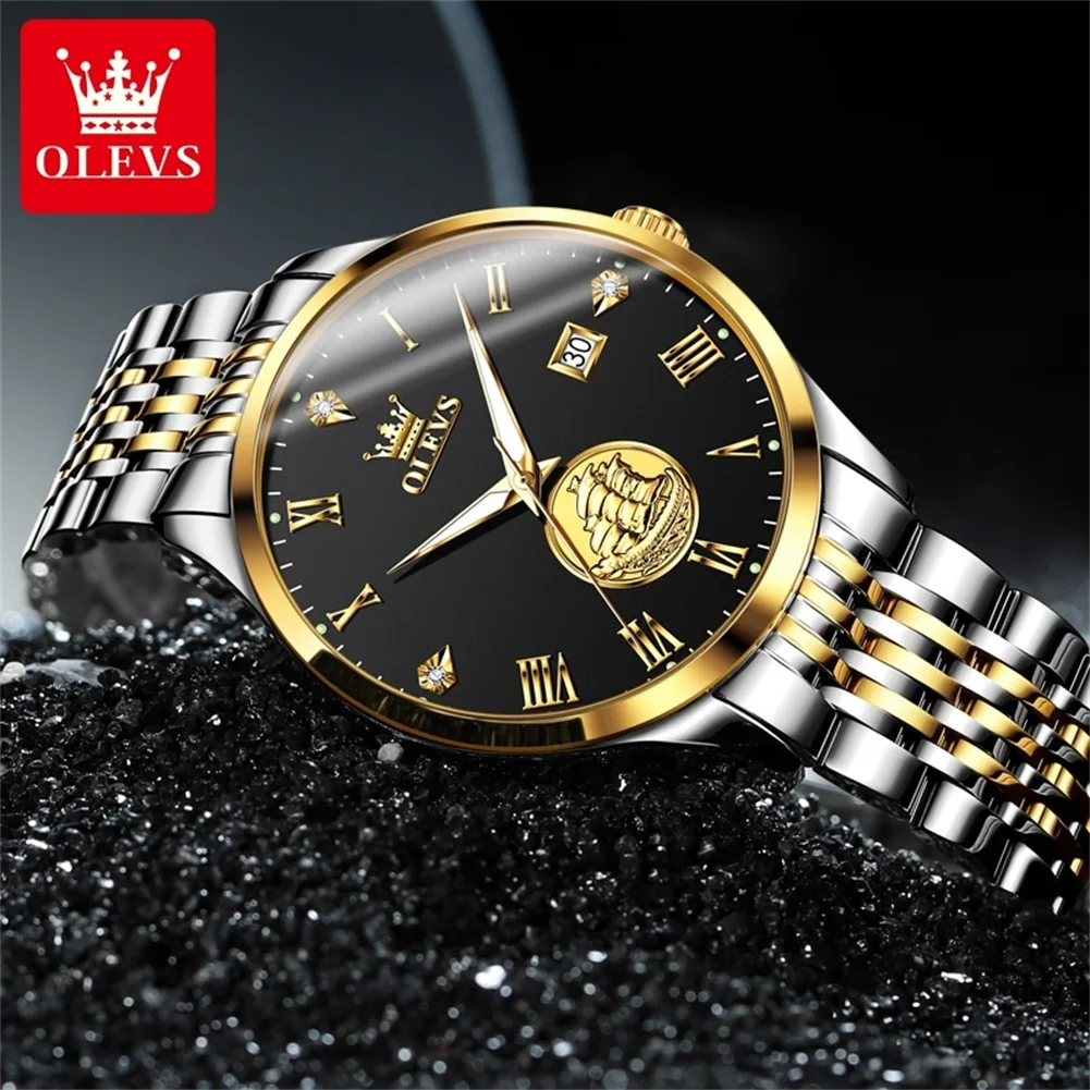 OLEVS-Reloj de pulsera para hombre, accesorio masculino de acero inoxidable, luminoso, resistente al agua, con fecha Original, automático, 6696