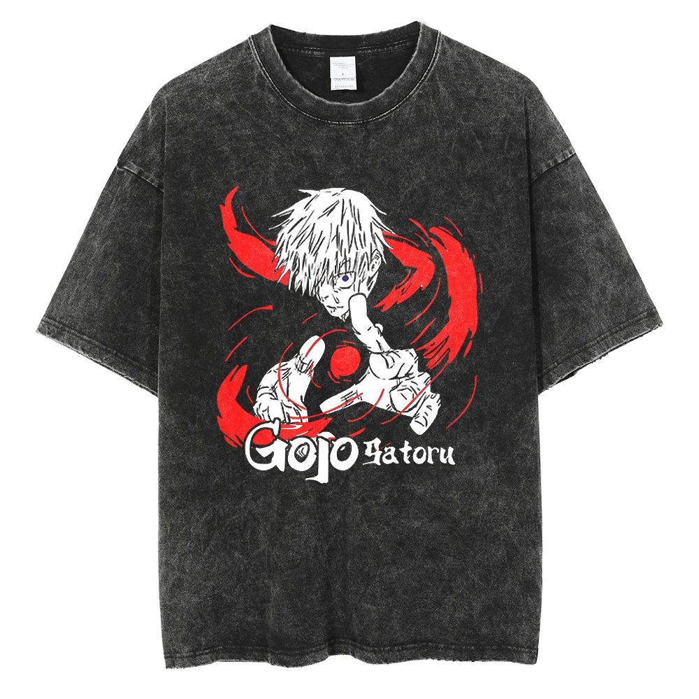 Streetwear Tshirt Japanese Anime Print Vintage Washed Black T Shirt Men Cotton T-Shirt Hip Hop Summer Loose Tops Tees Hipster