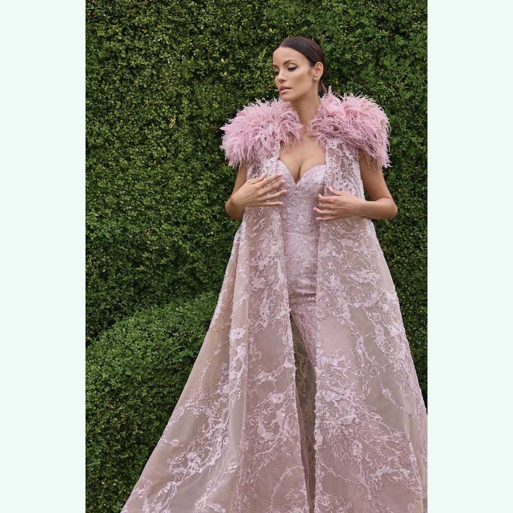 Arabic Pink Long Evening Gowns Jumpsuit Custom Made Special Occasion Formal Dress Feather Elegant Party Prom Gown with Jacket