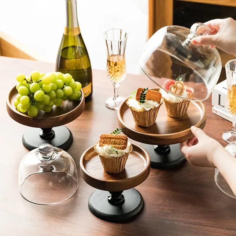 Acacia Wood Tall Serving Tray with Glass Dome Cover Elegant Dessert Fruit Plate for Tasting and Display Natural Wooden Cake