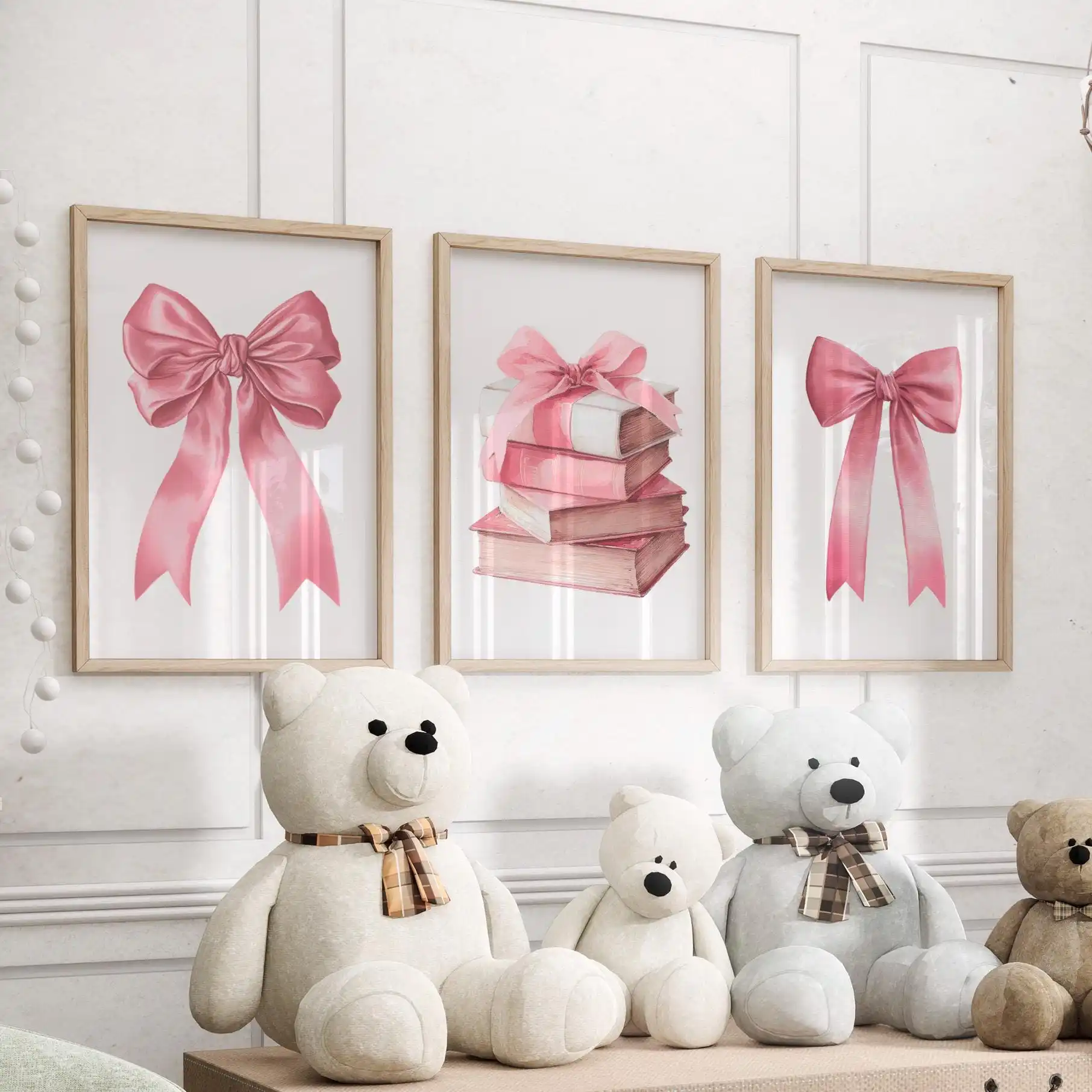 3pcs frameless Canvas Painting Pink Bows Wall Art Set of 3 Poster or Canvas Print Trendy CoquettePreppy Girly Poster Pink Ribbon