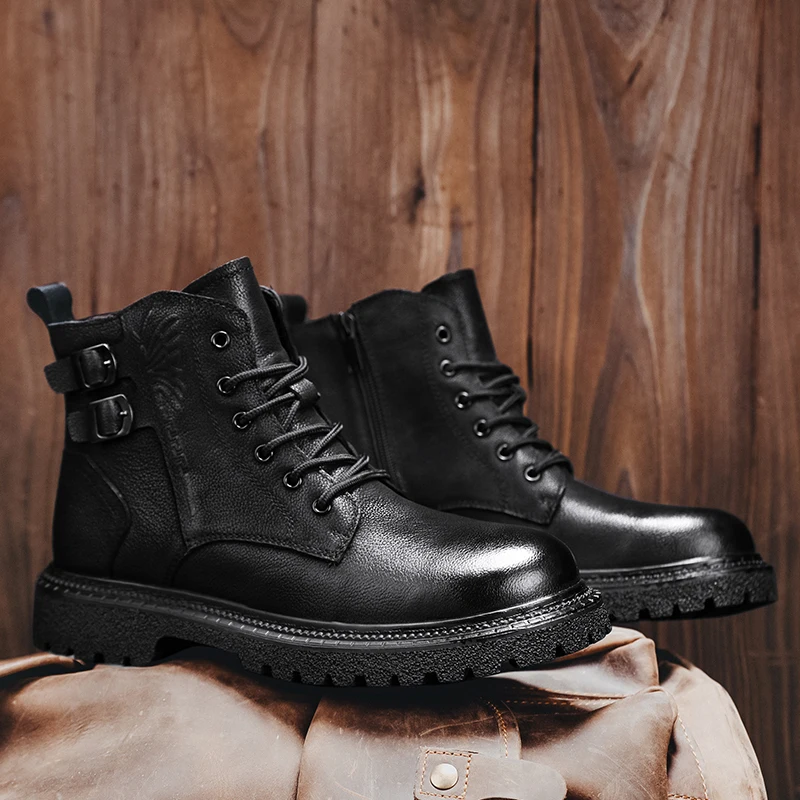 

Boots Comfy Men Winter Plush Snow Boots Lace-Up New Male Ankle Boots Walking High Top Shoes Genuine Leather Men's Motorcycle