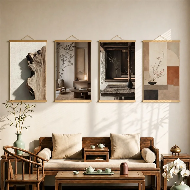 Wabi Sabi Japanese Minimalist Canvas Wall Art Hanging Scroll Neutral Abstract Zen Decor with Wooden Rods for Living Room