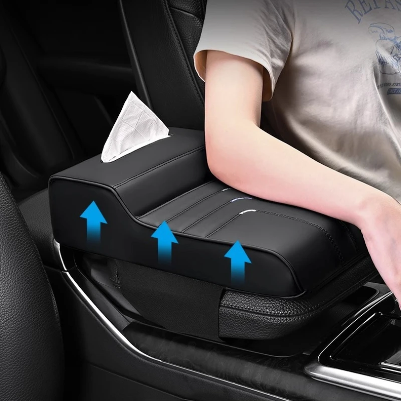 Car Armrest Box Height Increase Pad with Tissue Dispenser Car Armrest Leather Non-slip Memory Foam Pillow Protective Cover