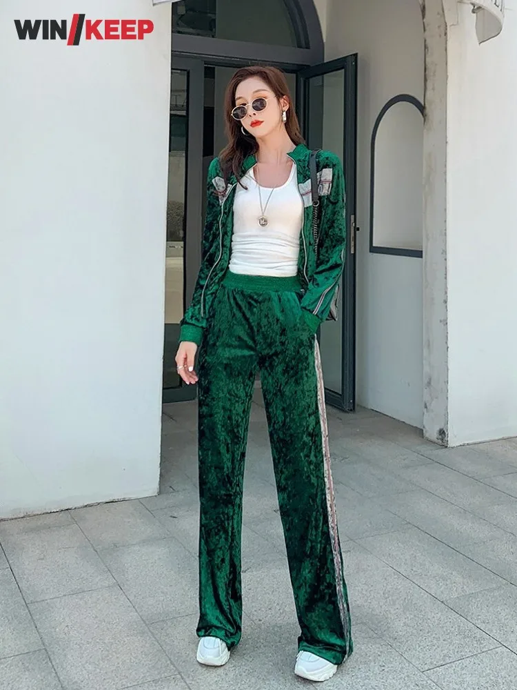 Outdoor Lady Slim Fit Zipper Two Piece Running Set Side Striped Stand Collar Top Wide Leg Pants Jogging Tracksuit Training Sport