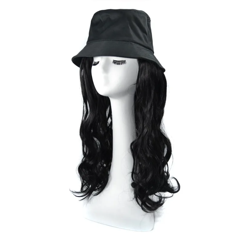 Wig sintetis 24 inci topi Bucket Hat ekstensi rambut satu potong wanita hitam coklat gelombang besar pakaian sehari-hari dapat disesuaikan alami