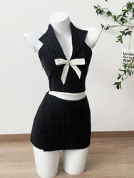 Summer Women Old Money Vacation 2000s Aesthetic Korean Striped Outfits 2 Piece Set Lace Bow Vest Tank Top + Design Mini Skirts