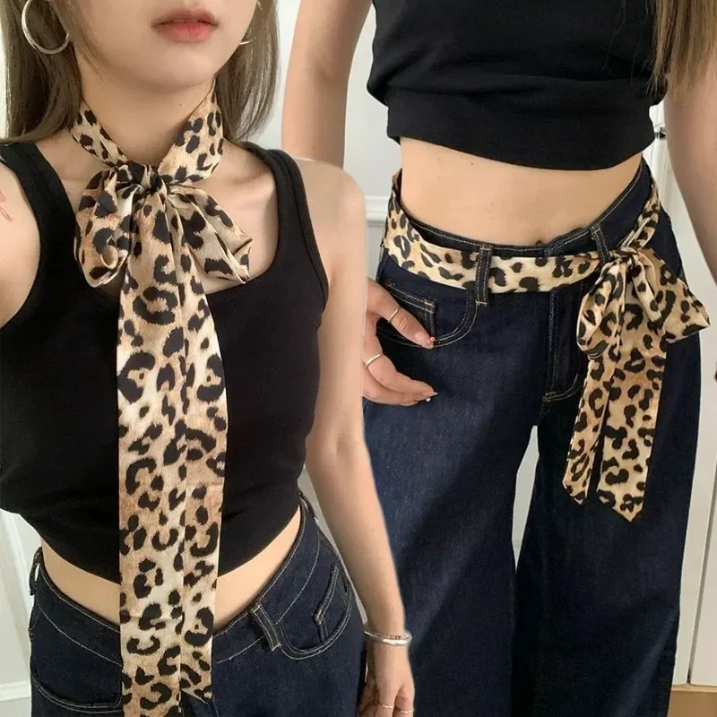 Retro Leopard Print Long Scarf Polka Dots Women Tie Multifunction Hairs Band Bags Handle Decoration Scarfs Fashion Accessories