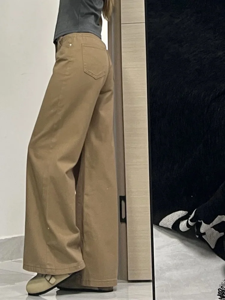 Low Waist American Retro Khaki Denim Jeans Women's Loose Floor-Length Not Tight Legs Flared Pants plus Size Comfortable Breat...