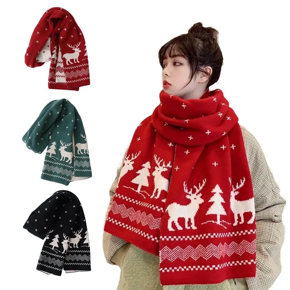 Winter Warm Scarf for Women Men Deer Elk Double-Sided Knitted Scarves Fashion Versatile Shawl Girls Christmas Present