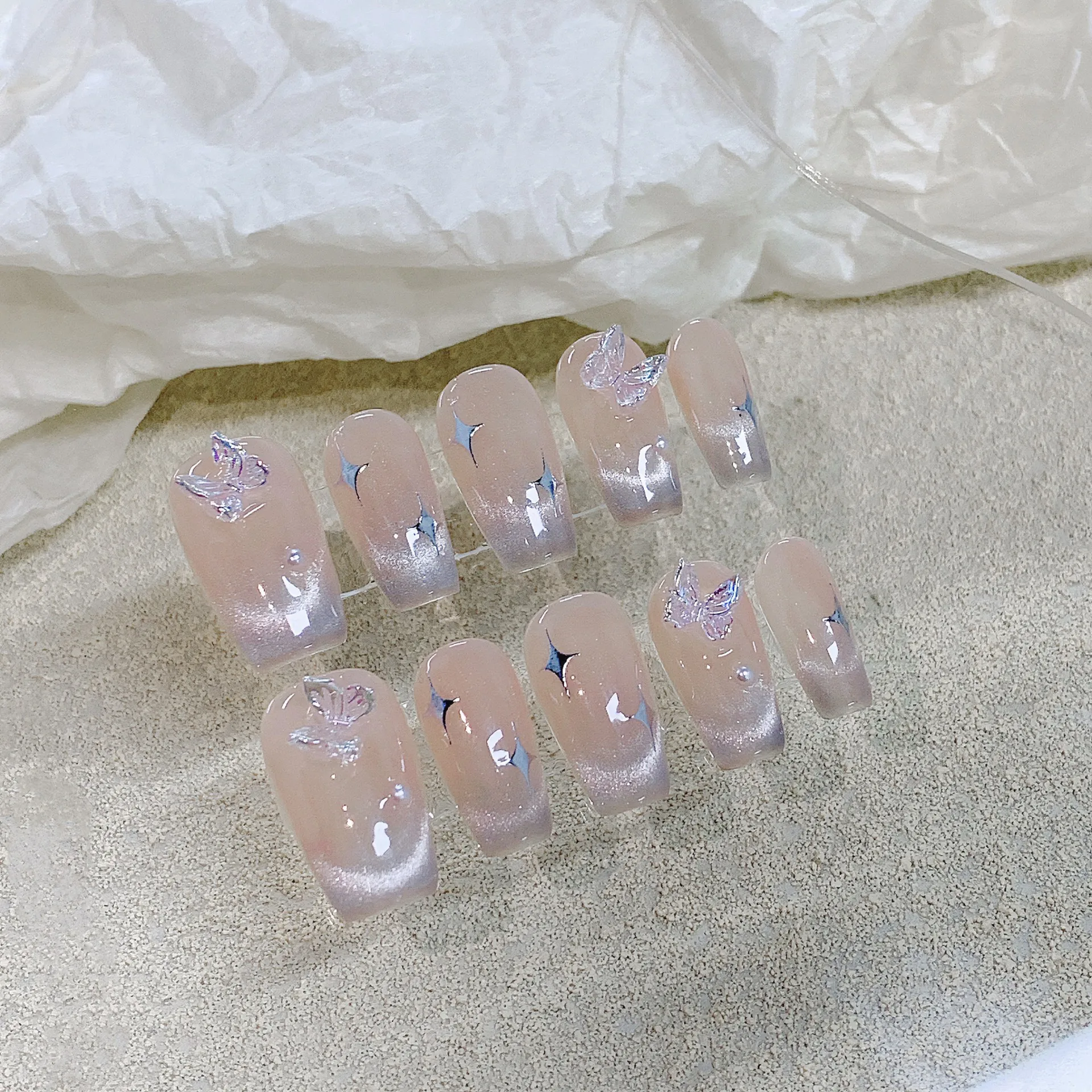 10pc Cat Eye Shiny Medium French Ballet Nails 3D Butterfly Diamond Pearl Design Press on Fake Nails Full Cover Wearable Nail Art image 3