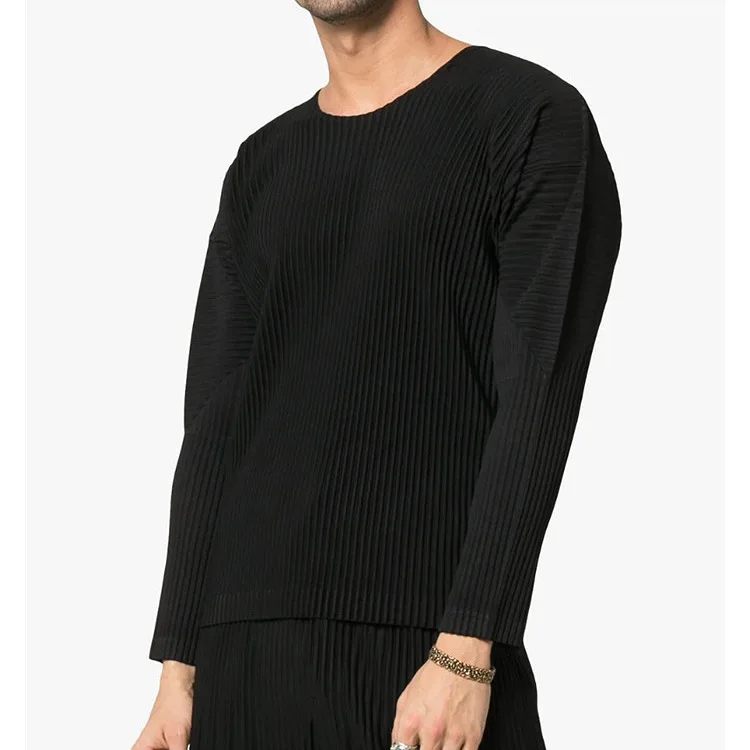 Miyake JK021 Pleated Shirt Oversized Round-Neck Long Sleeve T Shirt Casual Loose Men's Top