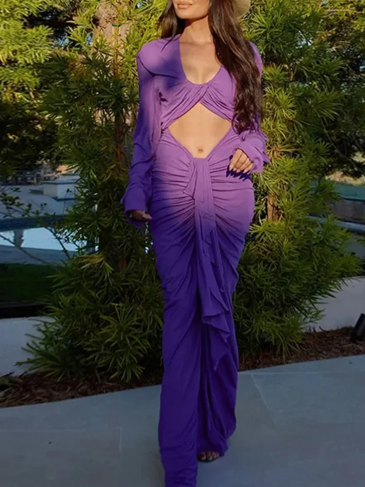 

2024 New Dresses Fashion Sexy Deep Solid V Neck Hollow Out Pleated Maxi Dress for Women Elegant Long Sleeves Bodycon Dresses