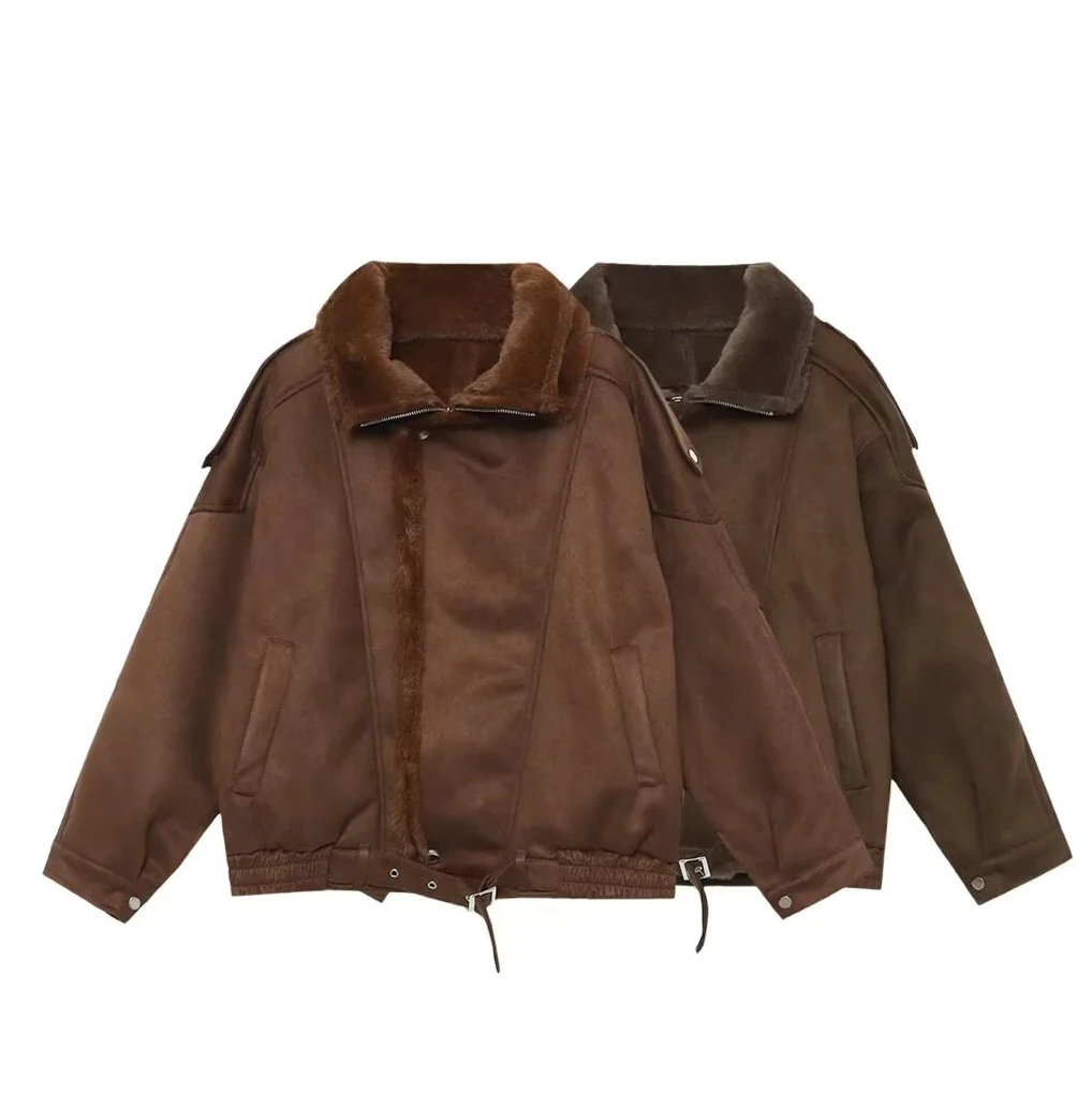 

Новое женское повседневное модное элегантное замшевое пальто из овечьей шерсти с воротником и длинными рукавами