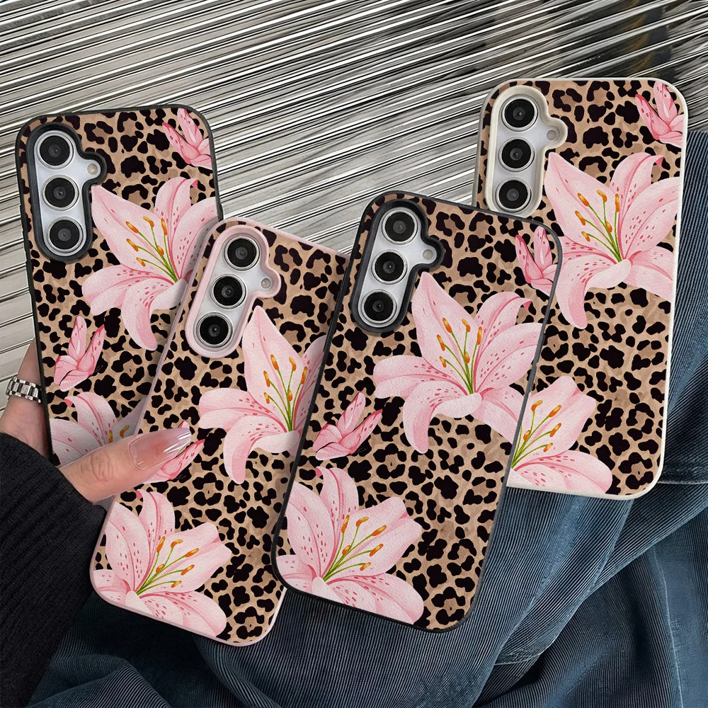Phone Case for Samsung Galaxy S26 S25 S23 Ultra S24 FE A57 A56 A55 A54 A53 5G A07 A06 A15 4G Cases Leopard Print Pink Lily Funda