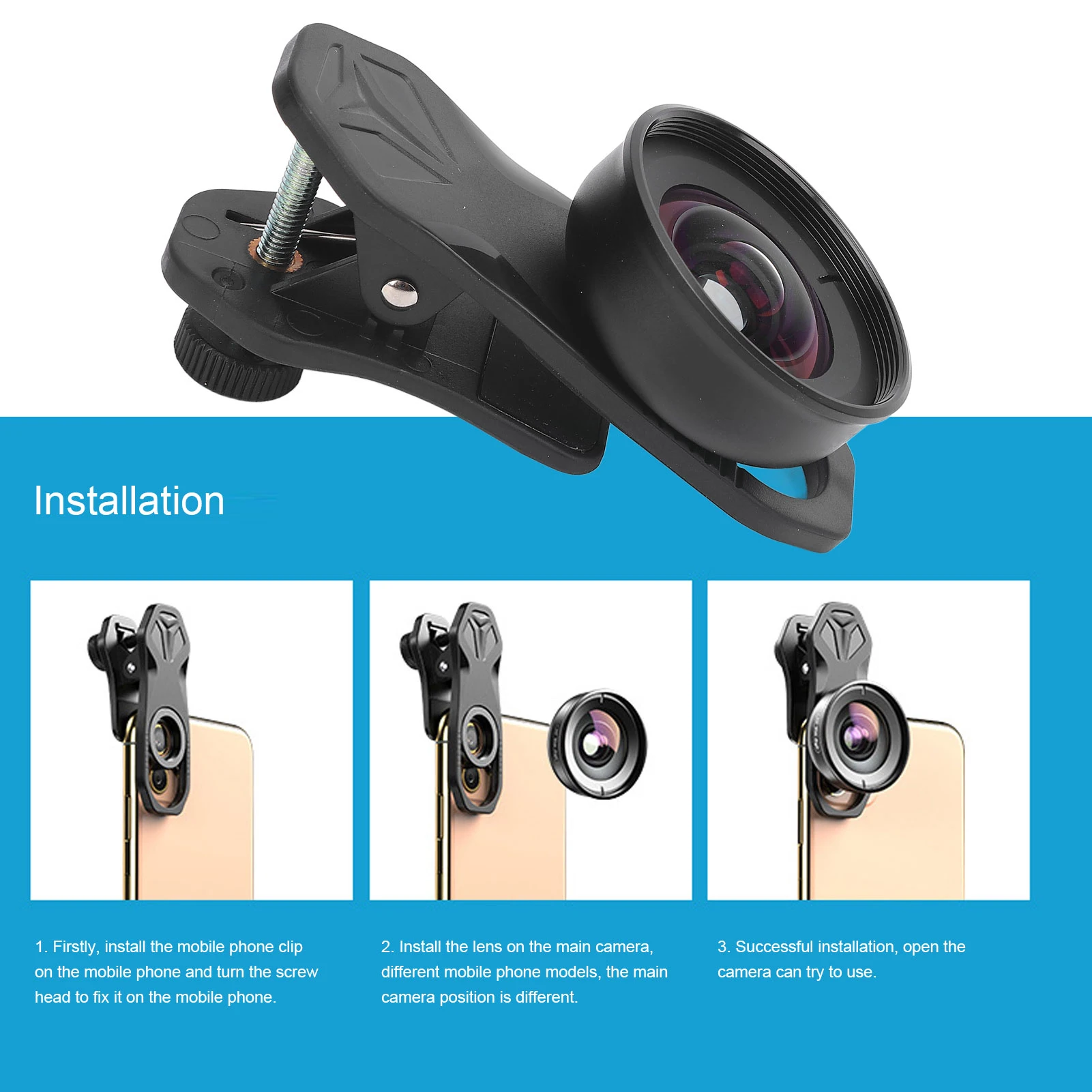 Phone Clip On Wide Angle Lens F1.8 Aperture Black Phone Camera Lens 3-5 Layer Coating Compact Sturdy for Dual Lens Single Lens