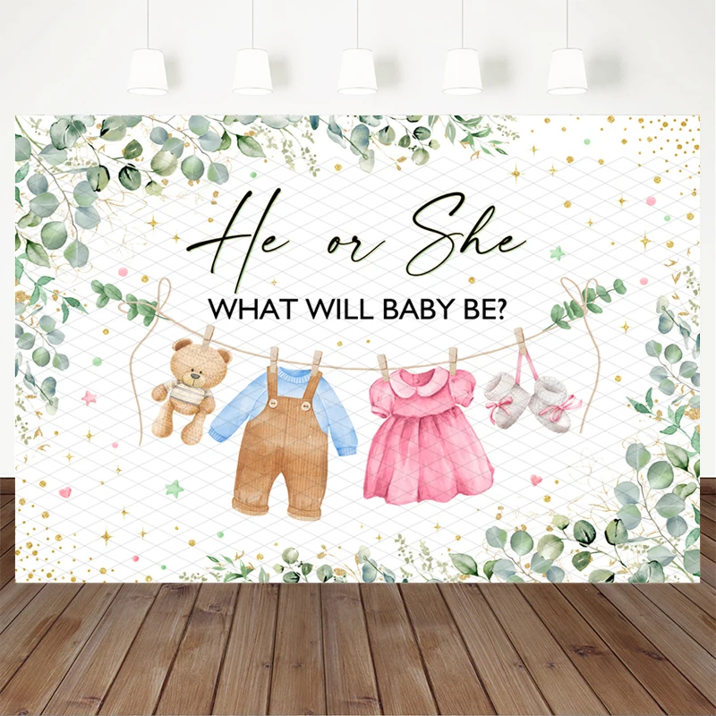 Mocsicka He Or She What Will Baby Be Backdrop Eucalyptus Greenery Teddy Bear Kid Boy Girl Gender Reveal Party Photography Banner