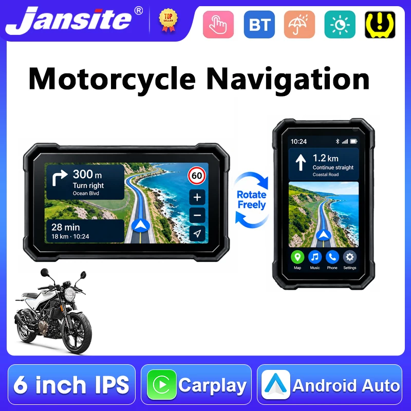 Jansite Portable 6 inch Motorcycle GPS Navigation BT5.0 Carplay Screen Rotation Android Auto Digital Dashboard Moto Monitor