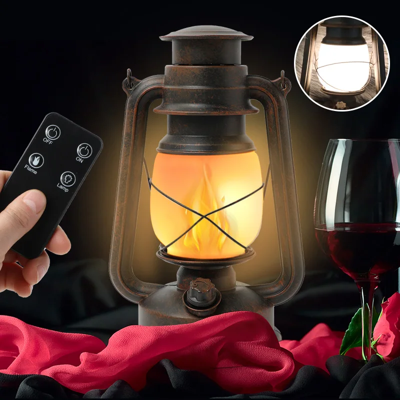 Remote Control Vintage Camping Lantern LED Candle Flame Tent Light Battery Operated Kerosene Lamp Portable LED Table Night Lamp