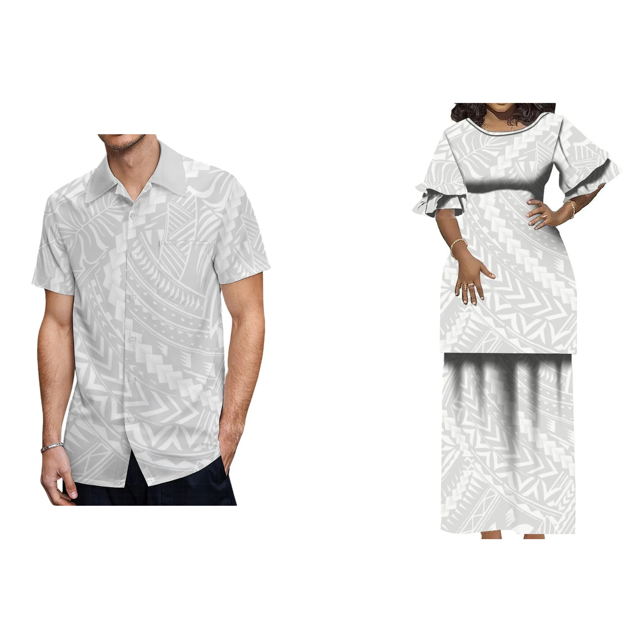 New Style Polynesian Ruffle Sleeve Crew Neck Samoan Puletasi Dress Custom White Sunday Church Uniform Womens Two Piece Sets 2pcs