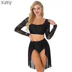 Women Girls Lyrical Dress Dance Costume Ballet Gymnastics Floral Lace Long Sleeve Crop Top with Skirt Bottoms 2Pcs Dance Outfits