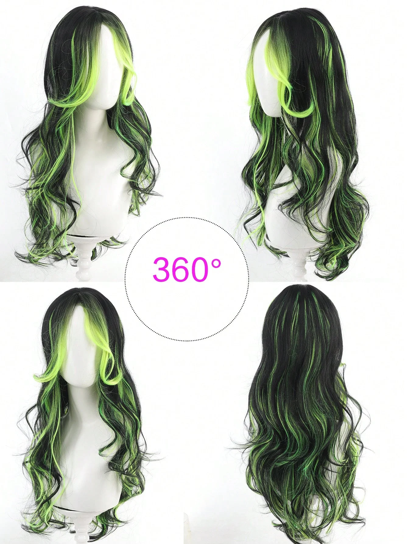 Synthetic European and American Wig Women's Eight Character Bangs Highlighted Green Medium Split Long Hair Big Waves Curly Hair